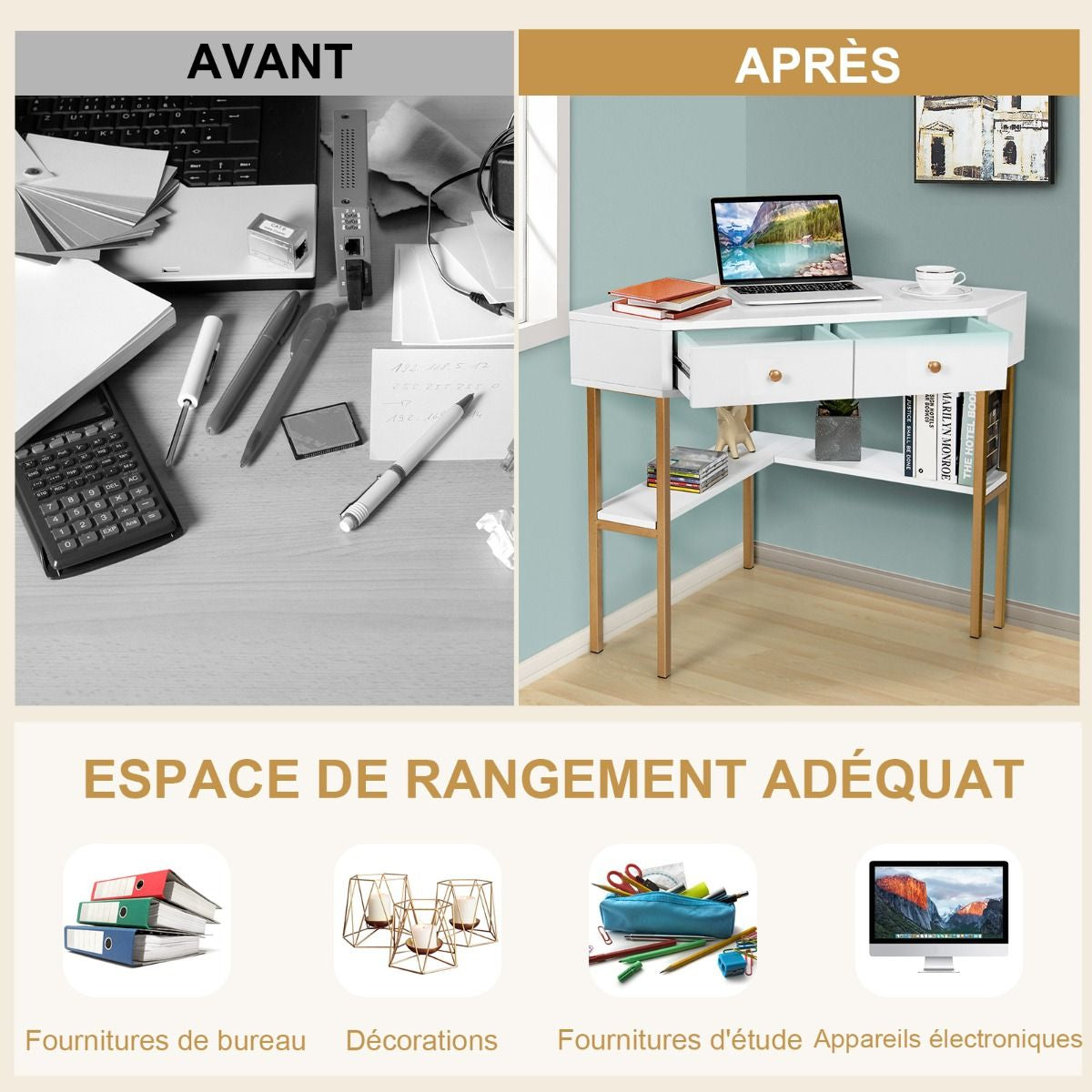 Table Bureau D'Angle Avec 2 Tiroirs Table Imformatique Pour Ordinateur Avec Etagère De Rangement Doré/Noir/Blanc