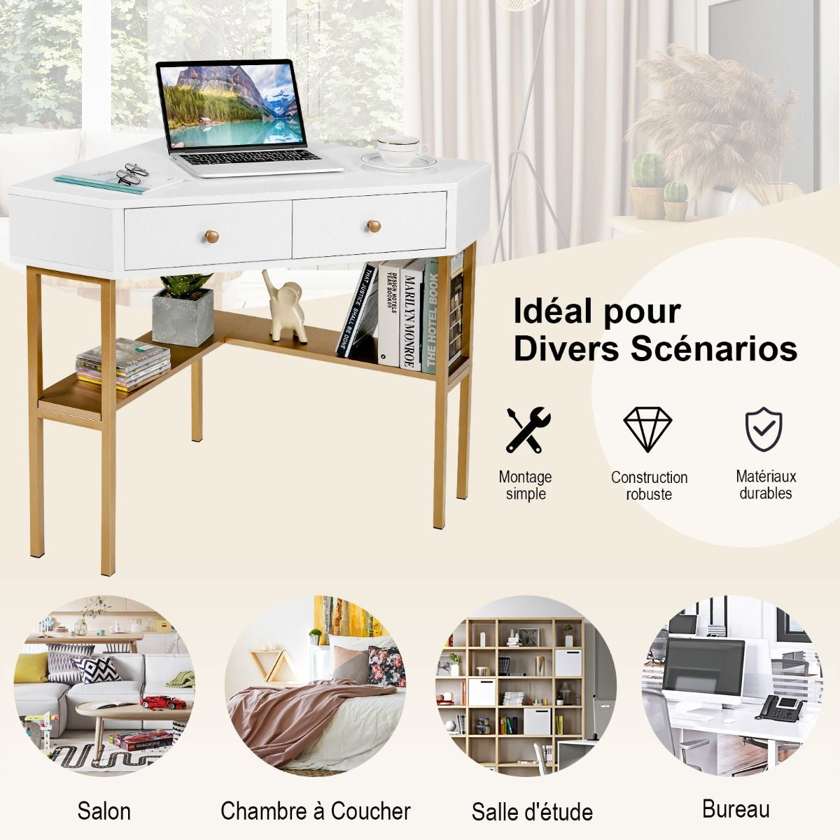 Table Bureau D'Angle Avec 2 Tiroirs Table Imformatique Pour Ordinateur Avec Etagère De Rangement Doré/Noir/Blanc
